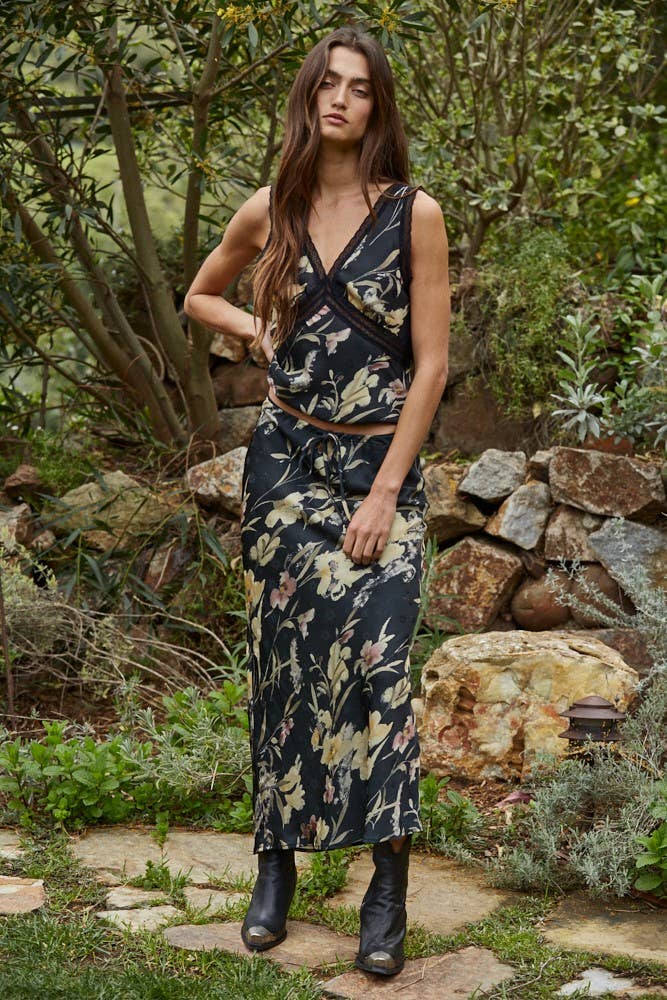 Woven Polyester Spandex Floral Print Midi Skirt