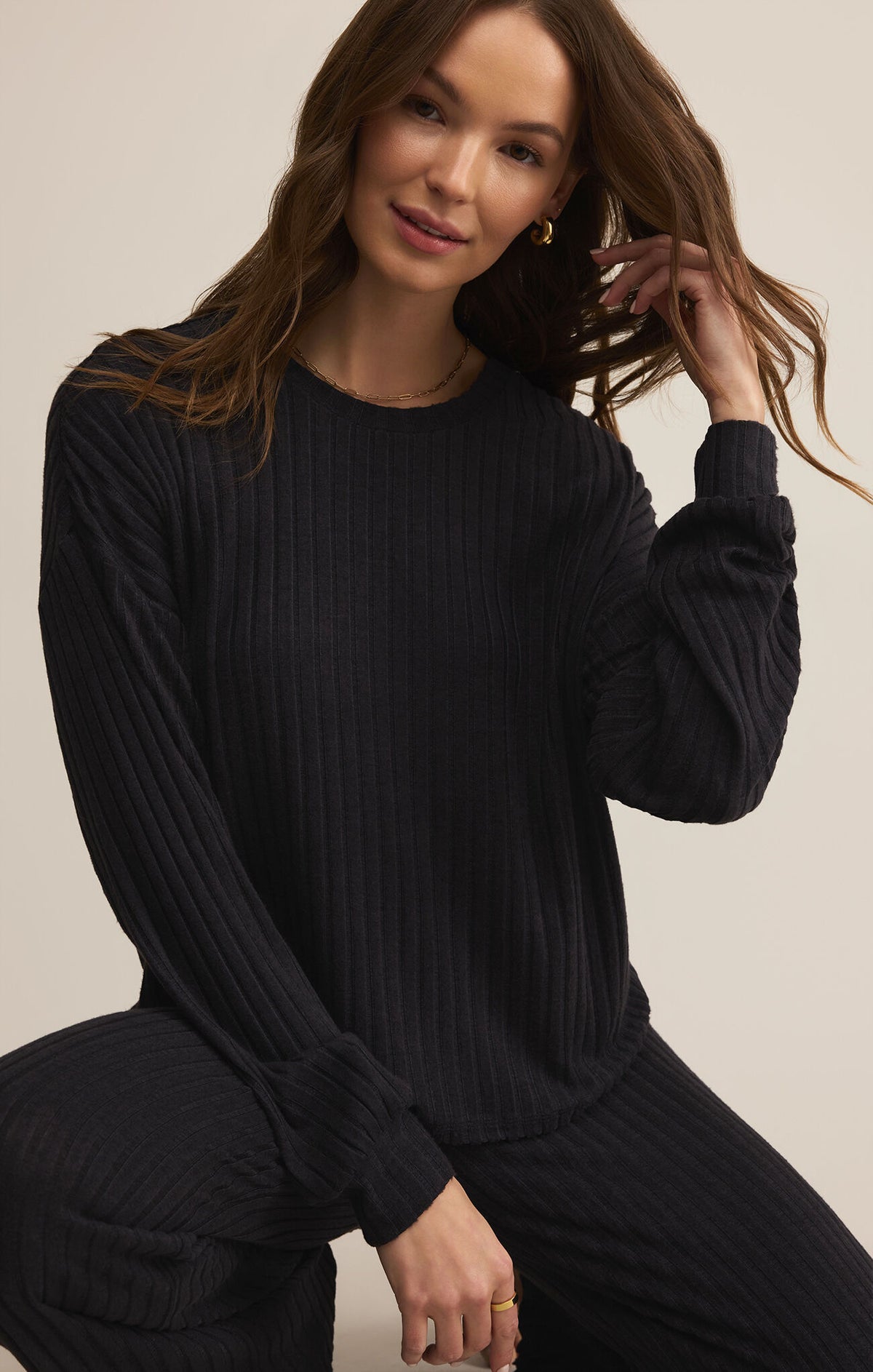 Z Supple Daydream Black Rib LS Top
