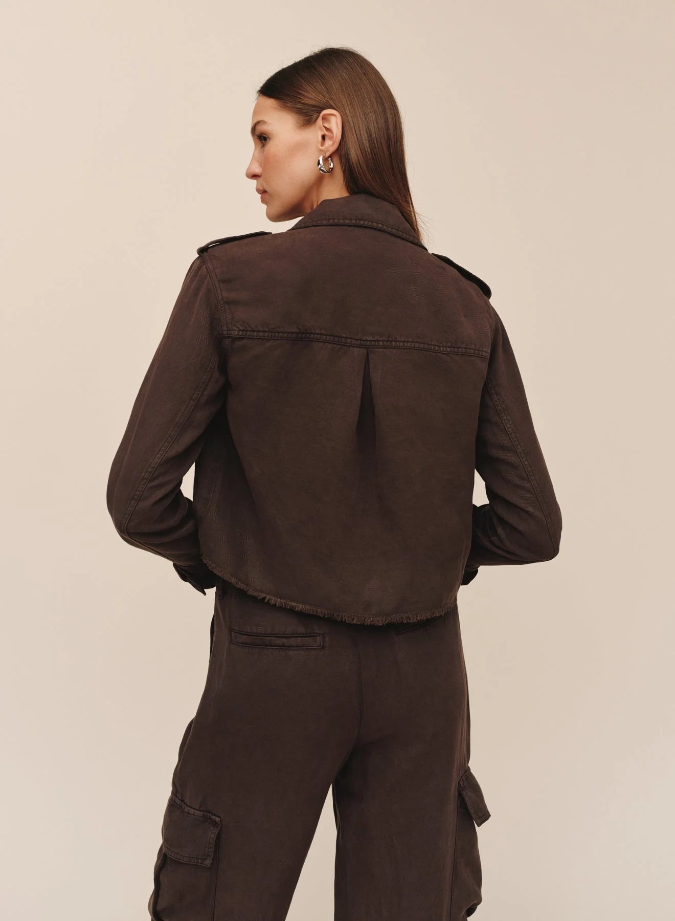 Bella Dahl Cropped Utility Jacket With Fray Hem in Dark Roast