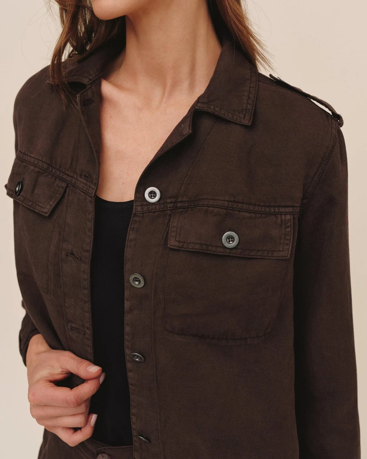 Bella Dahl Cropped Utility Jacket With Fray Hem in Dark Roast