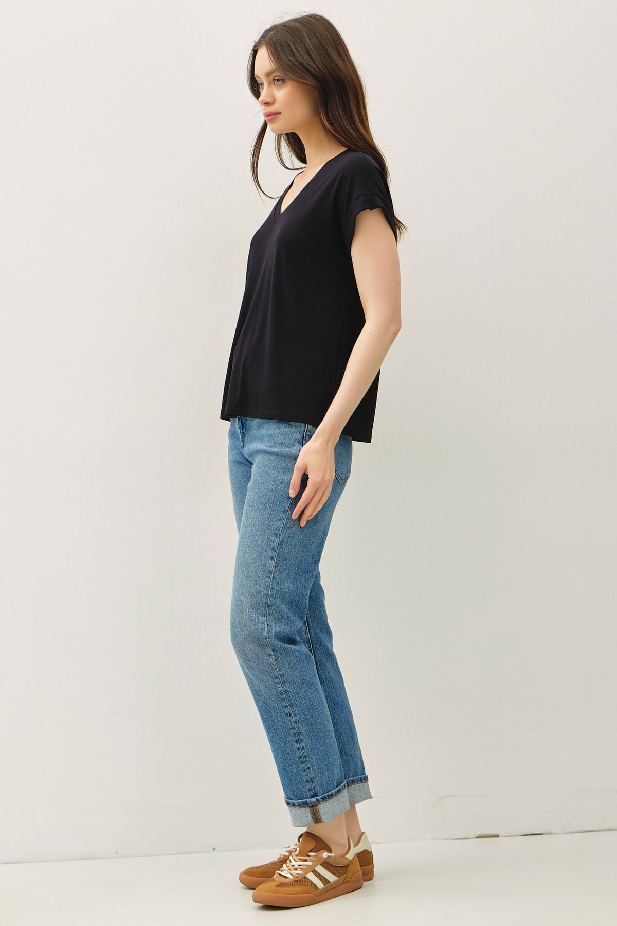 V-neck Roll Sleeve Bamboo Tee