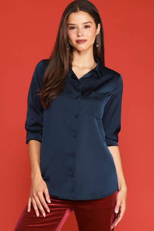 Long Sleeve Satin Button Down Shirt With Pocket