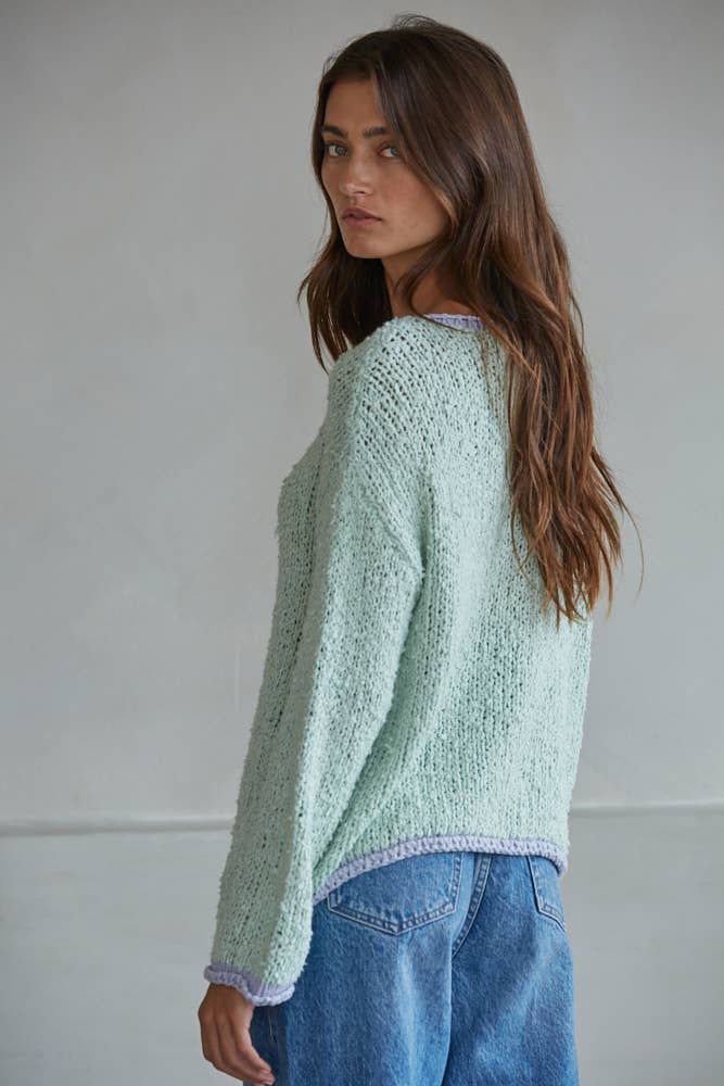 Knit Sweater Pullover Top With Contrast Hems Detail