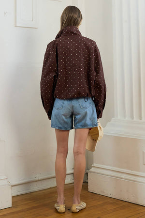 Polka Dot High Neck Drawstring Pullover Jacket in Brown Dot