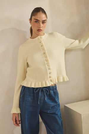 Ruffle Wave Button Knit Cream Cardigan