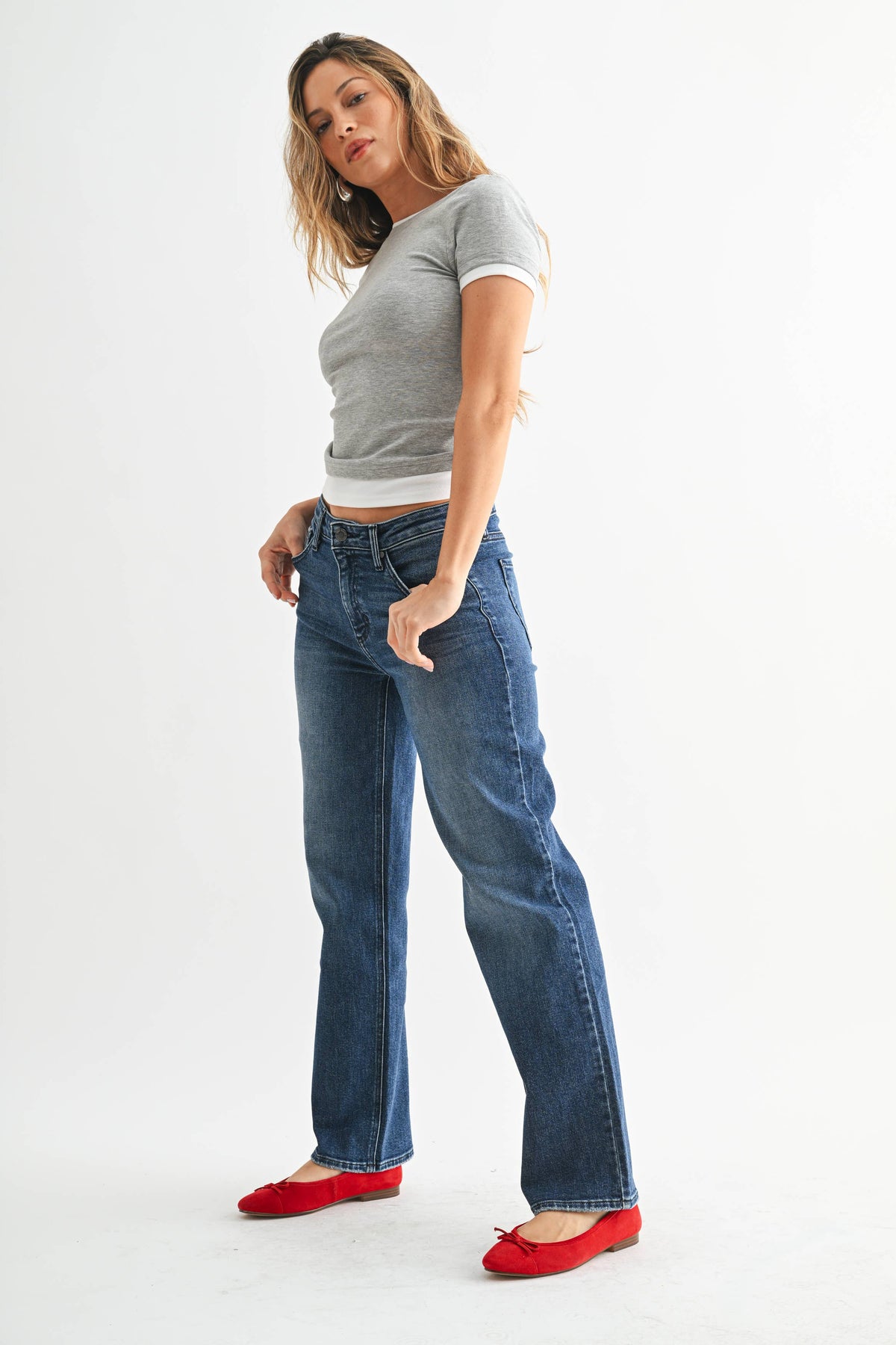 Stretchy Straight Mid Rise Dark Denim Jeans