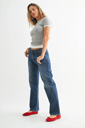 Stretchy Straight Mid Rise Dark Denim Jeans