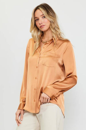 Long Sleeve Satin Button Down Shirt With Pocket