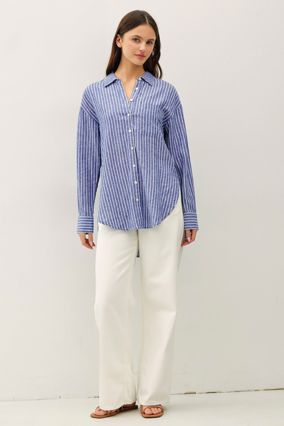 Cotton Linen Blend Striped Long Sleeve Button Up Shirt