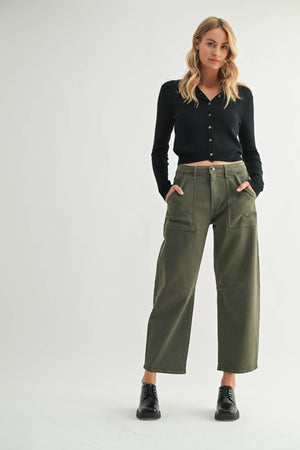 Just Black Denim Olive Utility Seamed Barrel Denim Pants