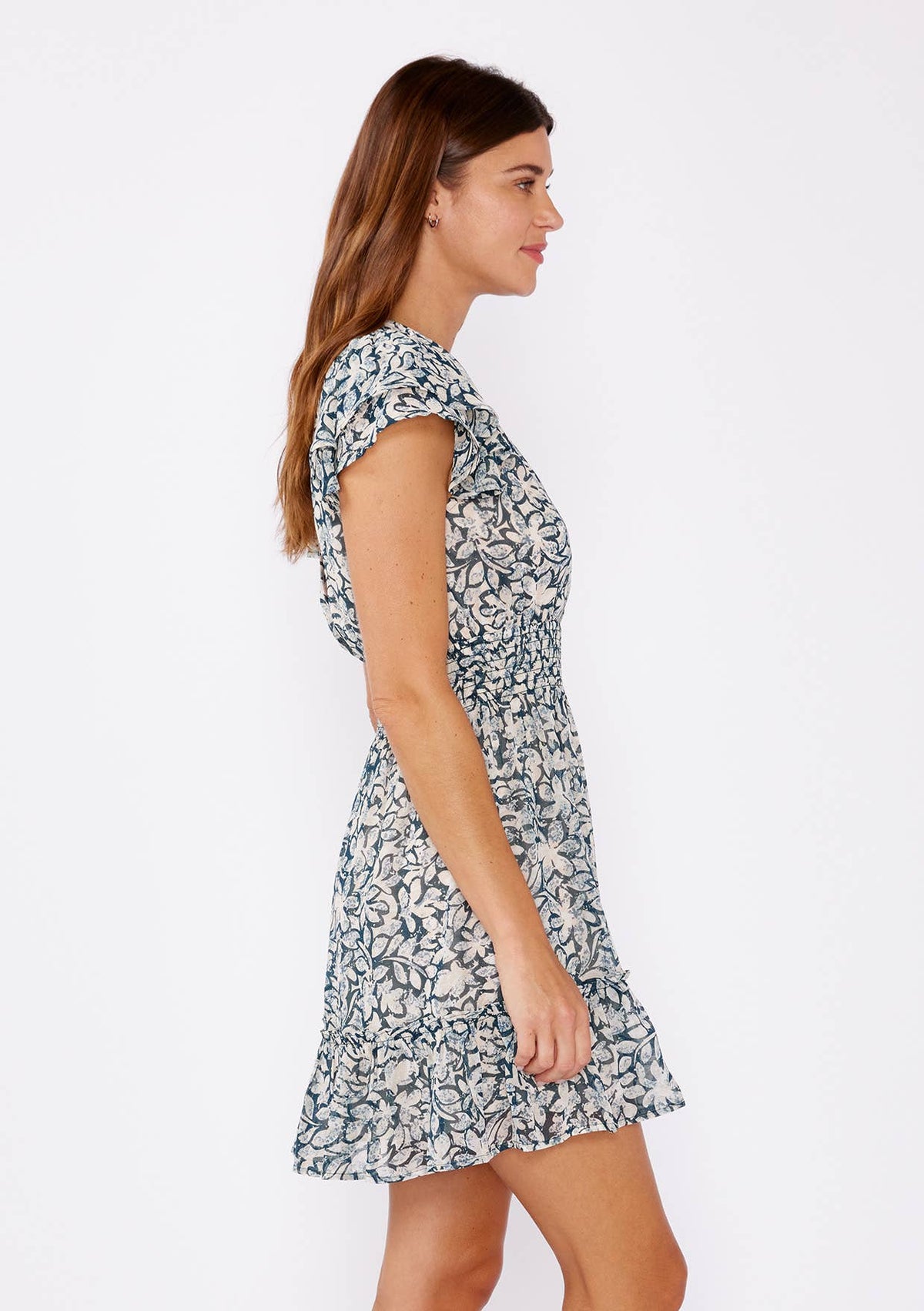 Deven Floral Chiffon Open Back V Neck Mini Dress