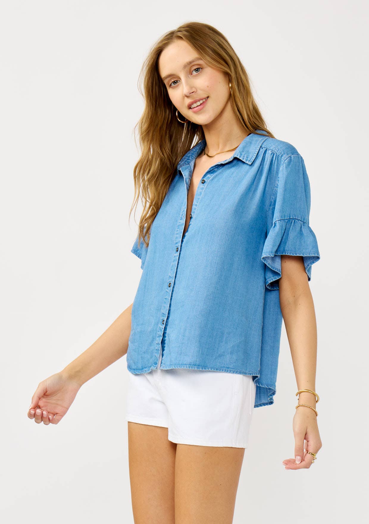 Sapphire Tencel Ruffle Sleeve Button-Down Top
