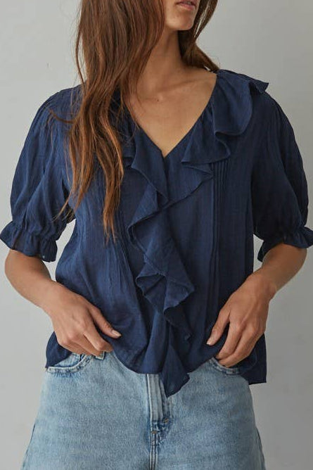Woven Cotton Buttondown V-Neck Short Sleeve Top