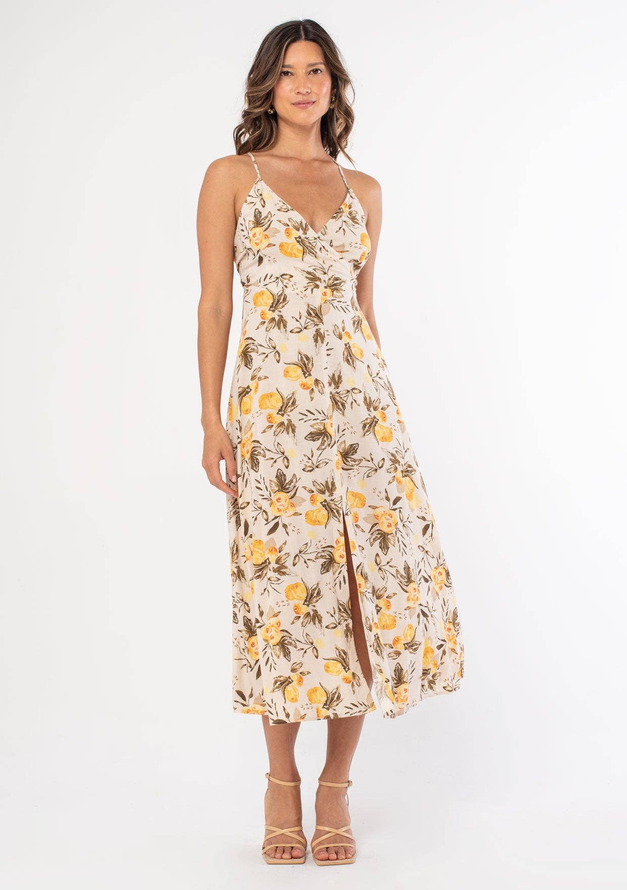 Camille Linen Blend Cross Back Surplice Midi Dress