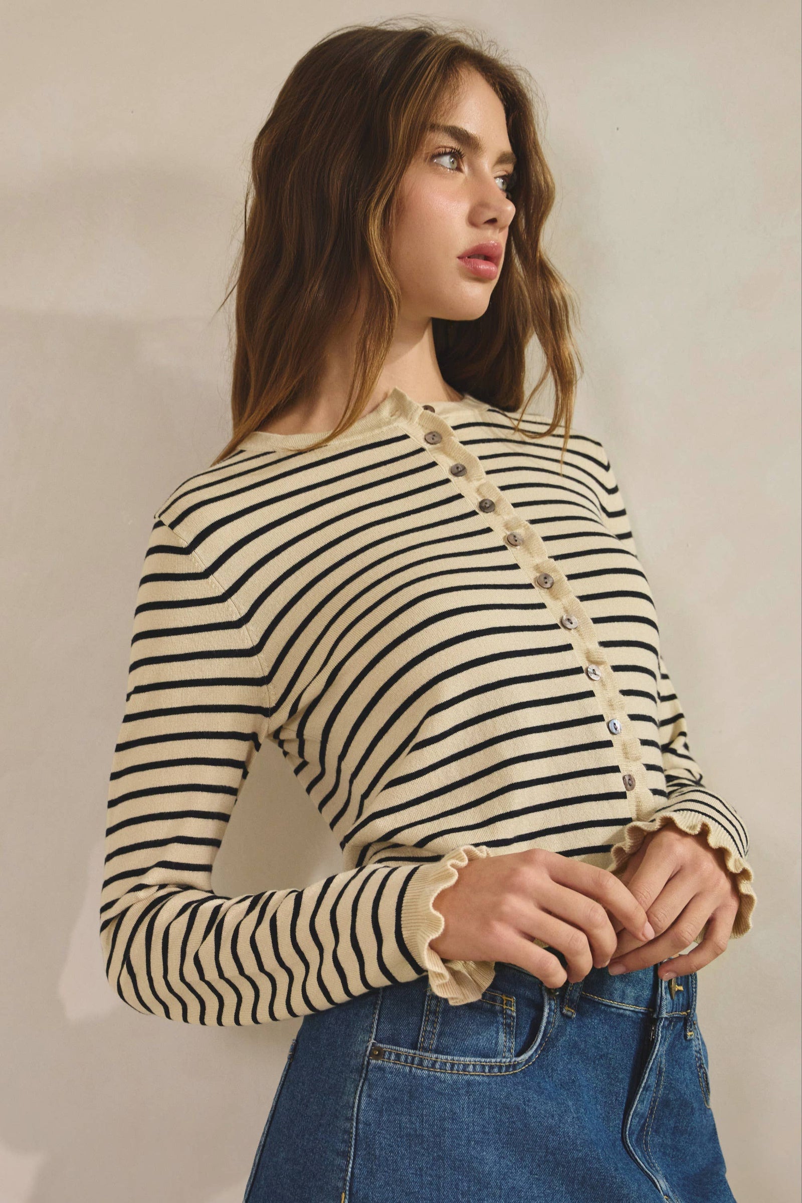 Striped Ruffle Wave Button Knit Cardigan