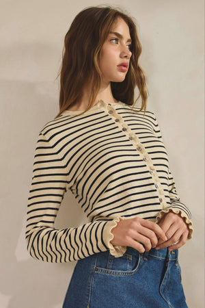 Striped Ruffle Wave Button Knit Cardigan