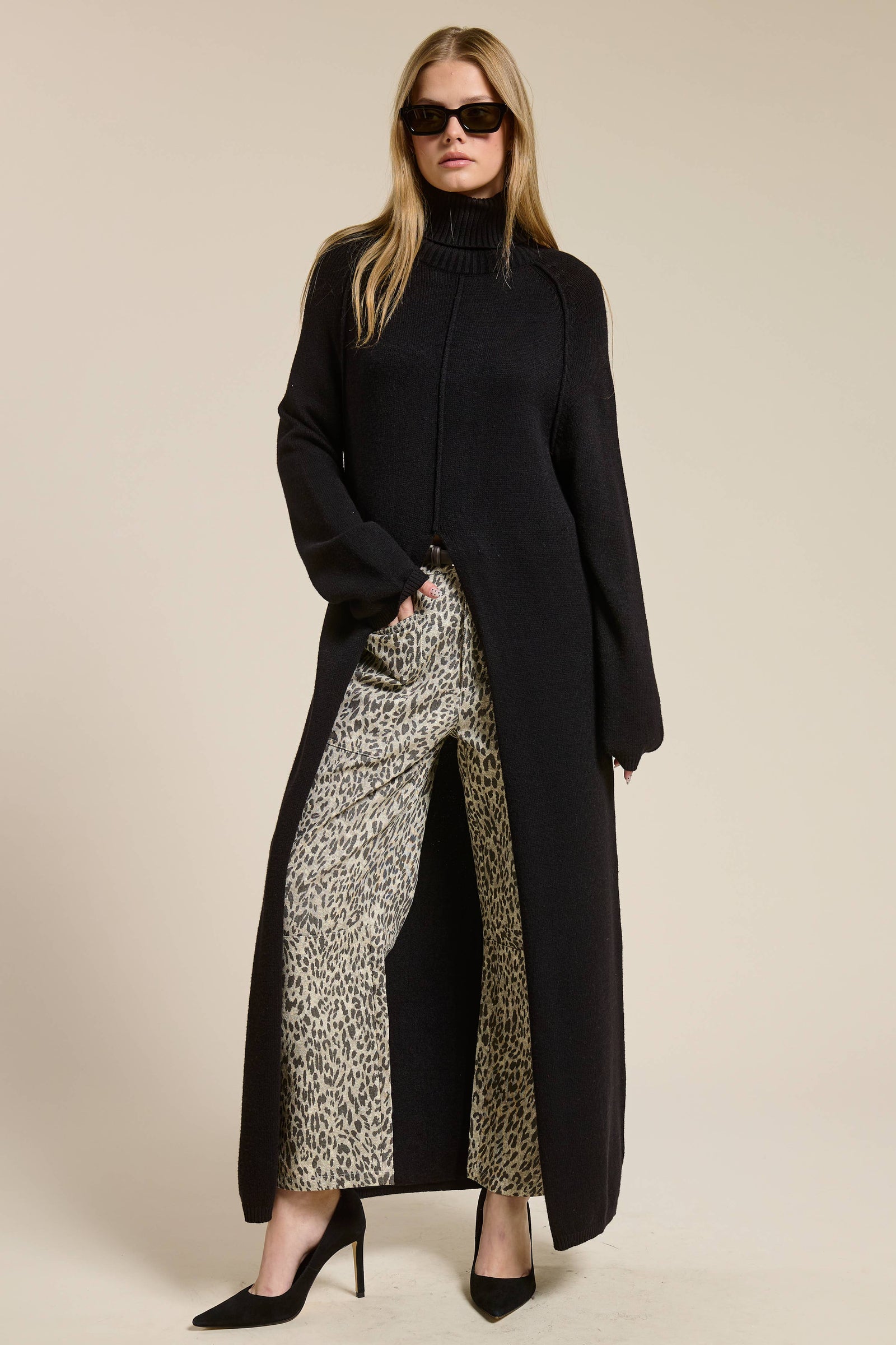 Ribbed Turtleneck Tunic Sweater Dress with Slit