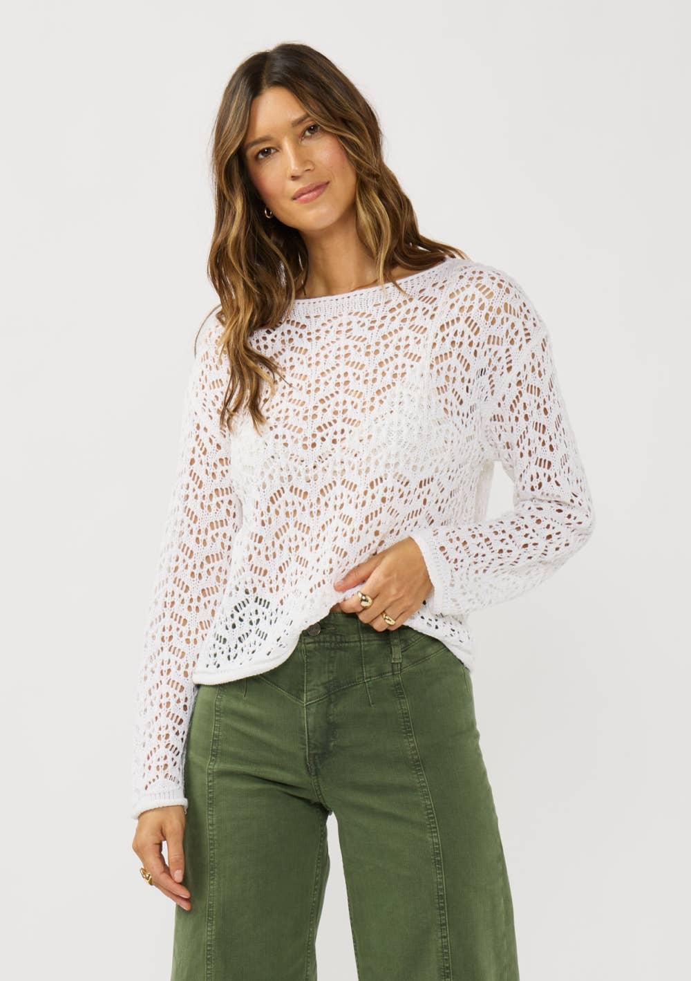 Long Sleeve Drop Shoulder Crochet Knit Crop Top