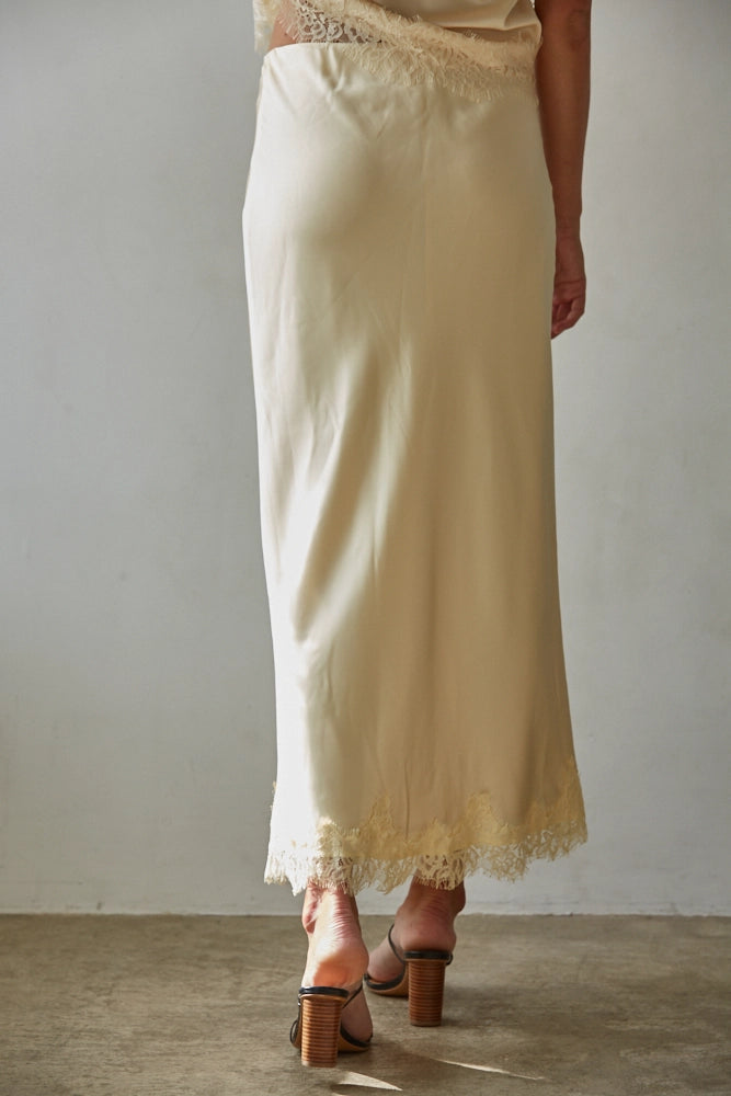 Woven Satin Midi Yellow Lace Skirt