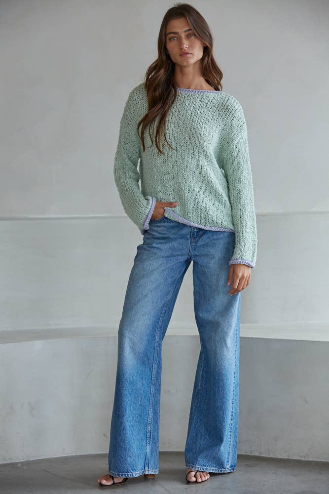 Knit Sweater Pullover Top With Contrast Hems Detail