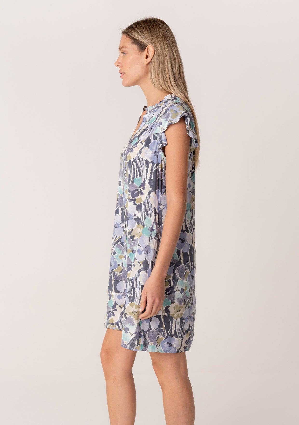 Aurora Floral Flutter Sleeve Button Down Mini Dress