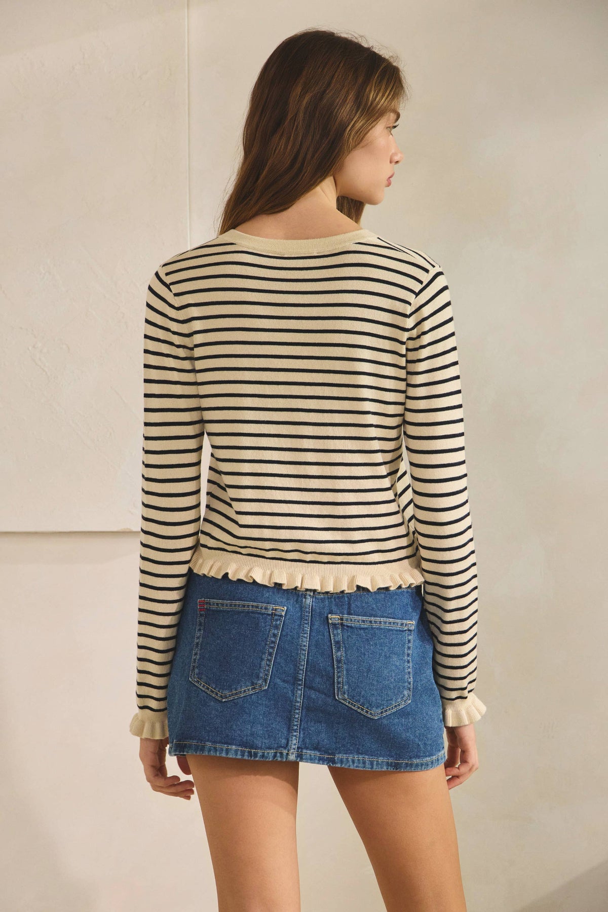 Striped Ruffle Wave Button Knit Cardigan