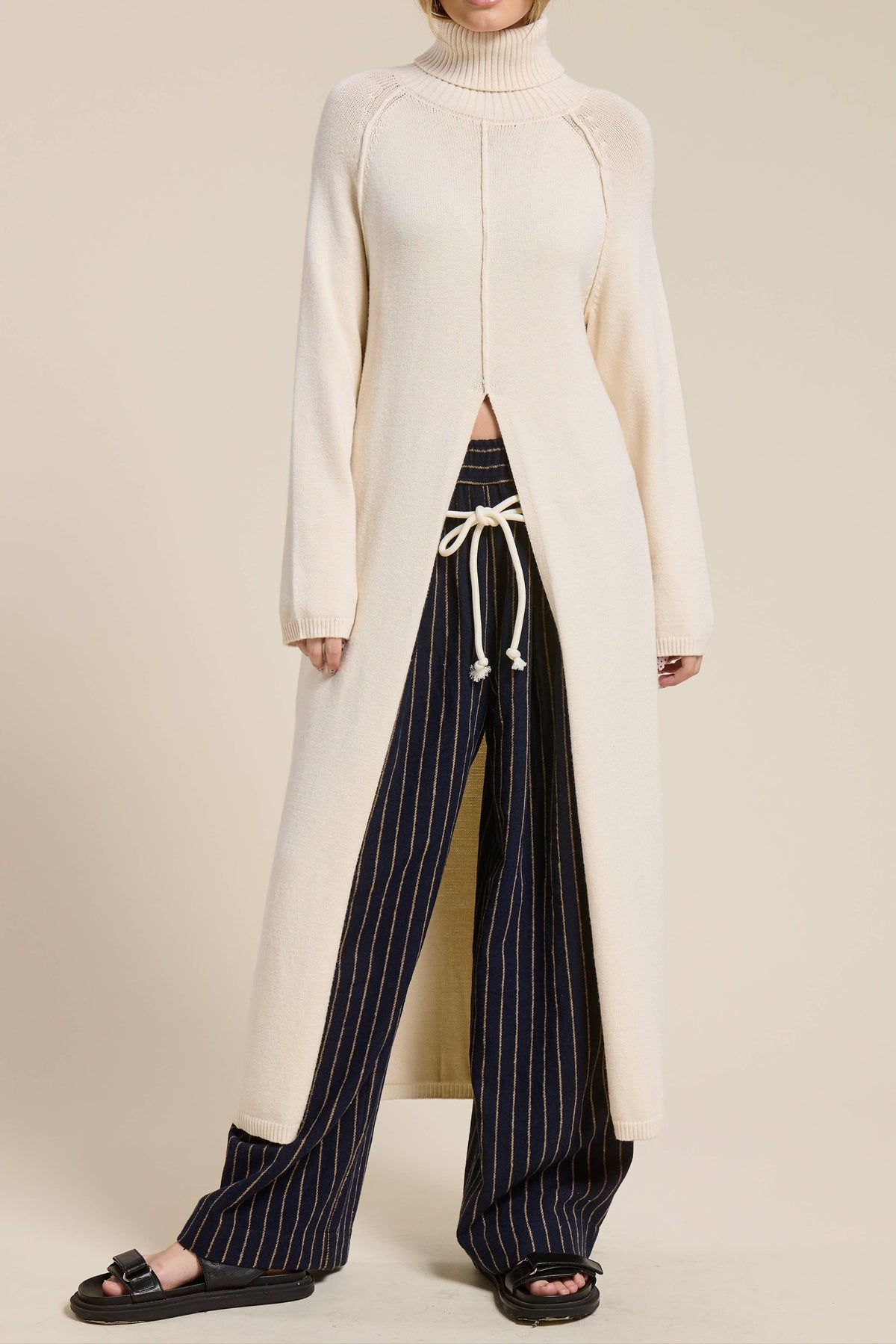 Ribbed Turtleneck Tunic Sweater Dress with Slit