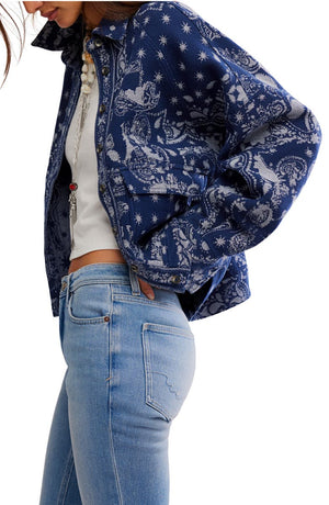 FREE PEOPLE BANDANA JACQUARD SHIRT in INDIGO COMBO