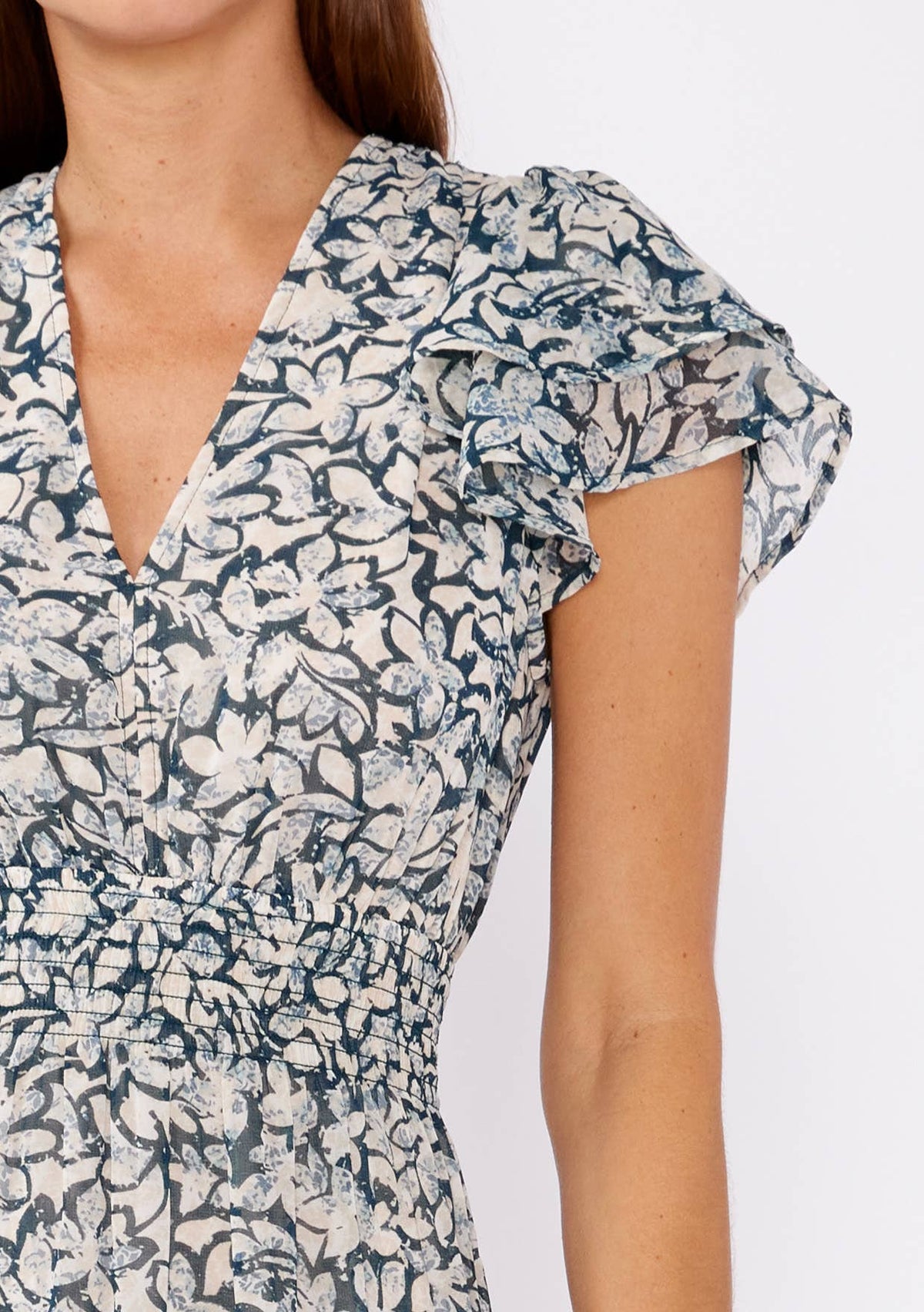 Deven Floral Chiffon Open Back V Neck Mini Dress