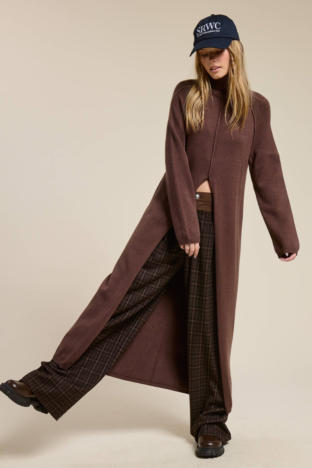 Ribbed Turtleneck Tunic Sweater Dress with Slit