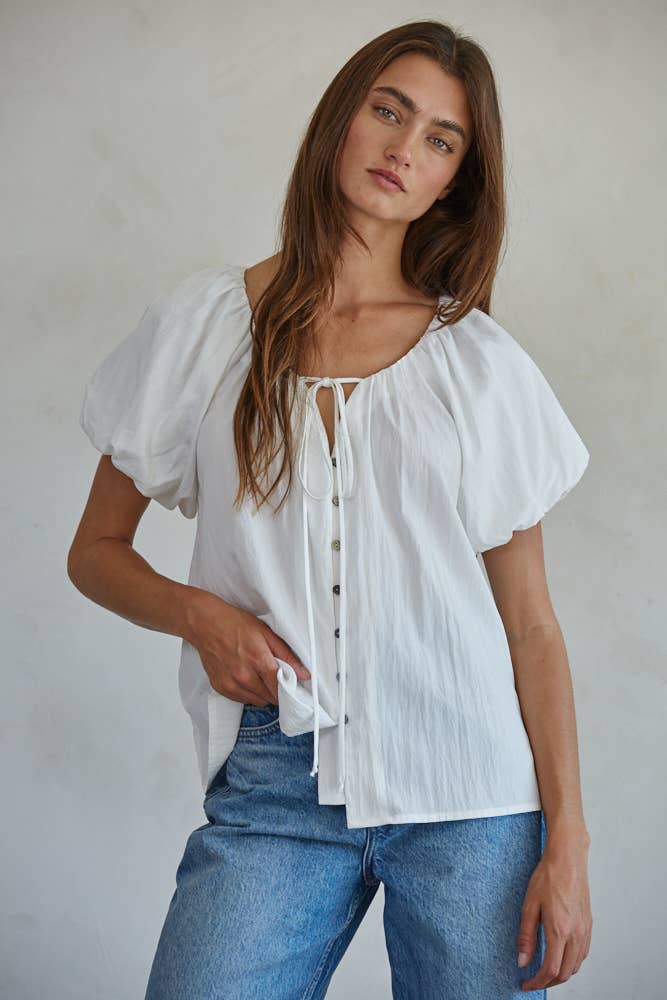 Woven Cotton Nylon Balloon Short Sleeve Top