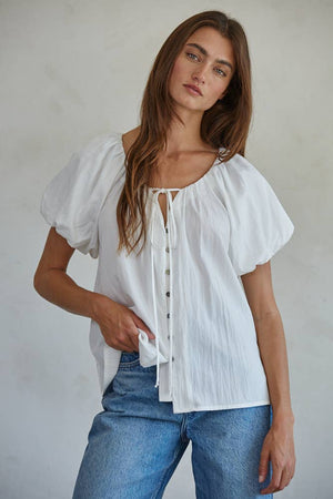 Woven Cotton Nylon Balloon Short Sleeve Top