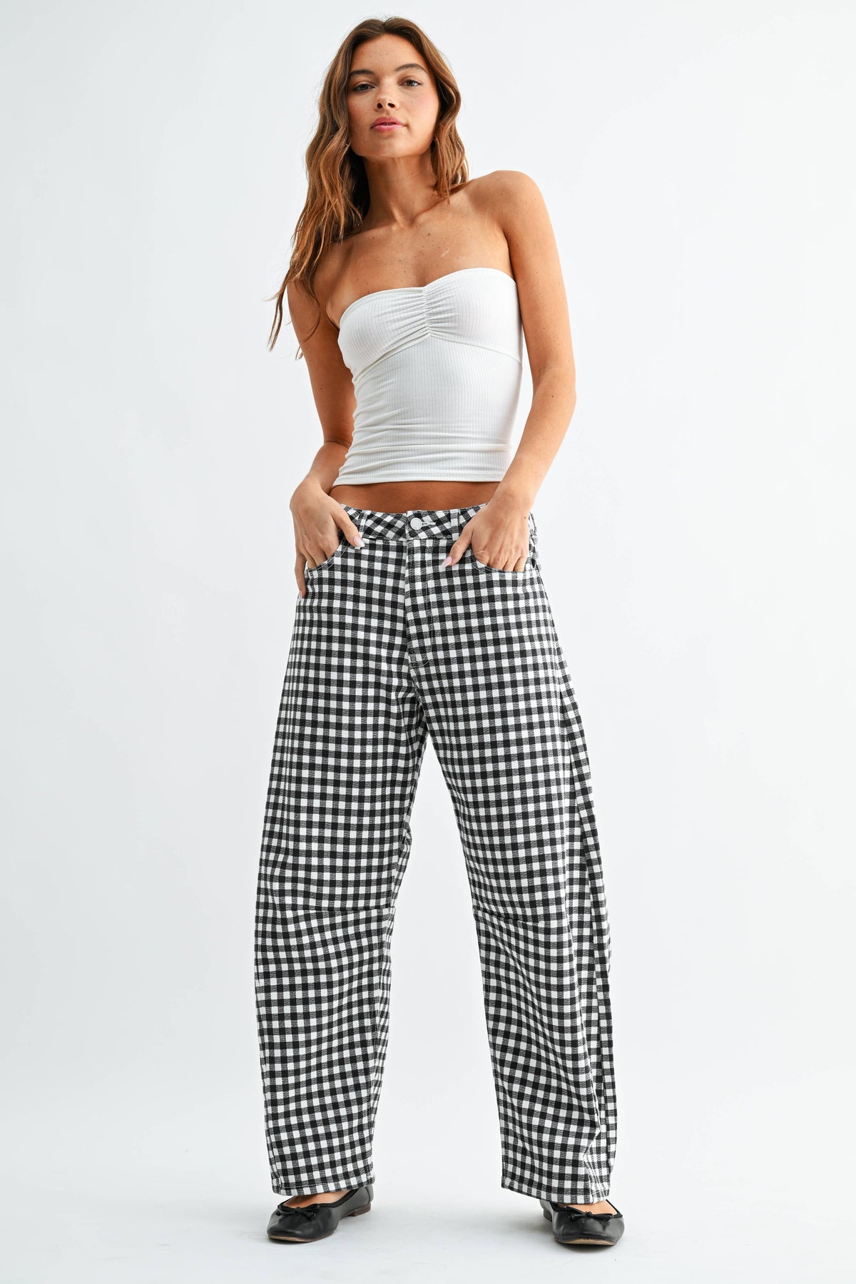 Black Gingham Barrel Jeans