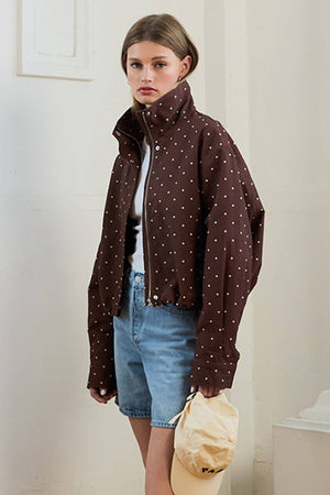 Polka Dot High Neck Drawstring Pullover Jacket in Brown Dot