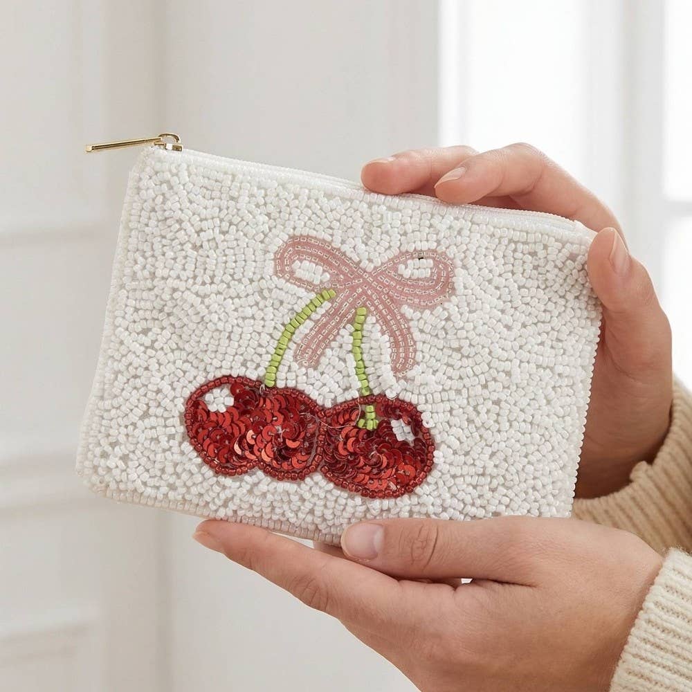 Cherry And Ribbon Bow Seed Beaded Coin Purse