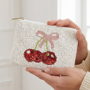 Cherry And Ribbon Bow Seed Beaded Coin Purse
