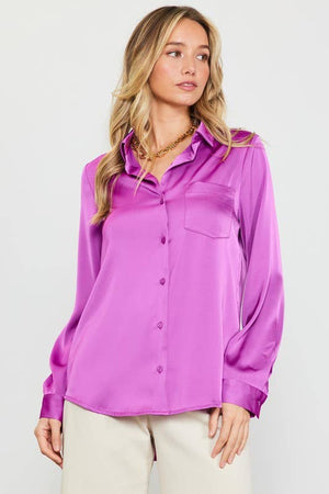 Long Sleeve Satin Button Down Shirt With Pocket