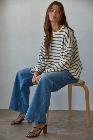 Knit Cotton Striped Crew Neck Long Sleeve Pullover