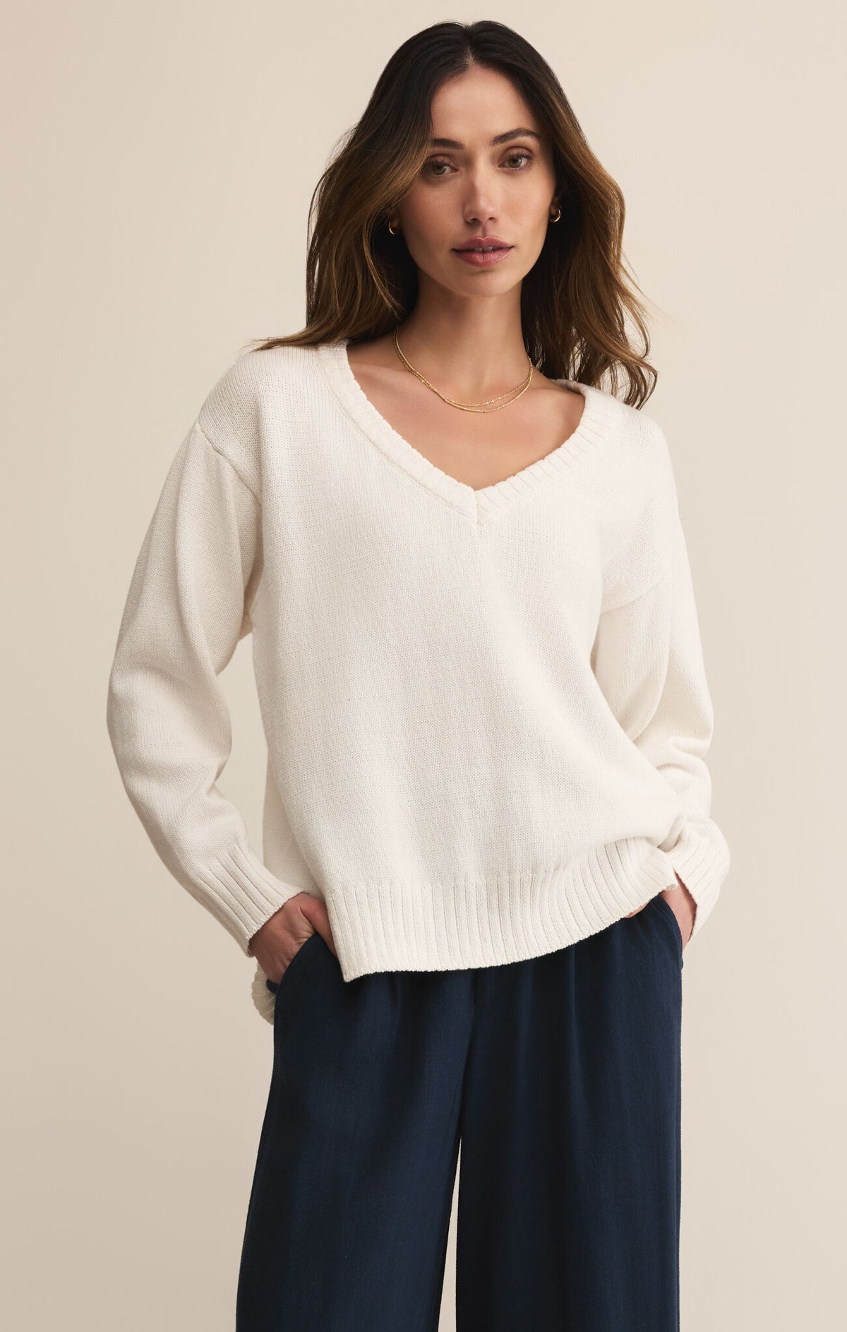 Z Supply All Around V-Neck White Sweater