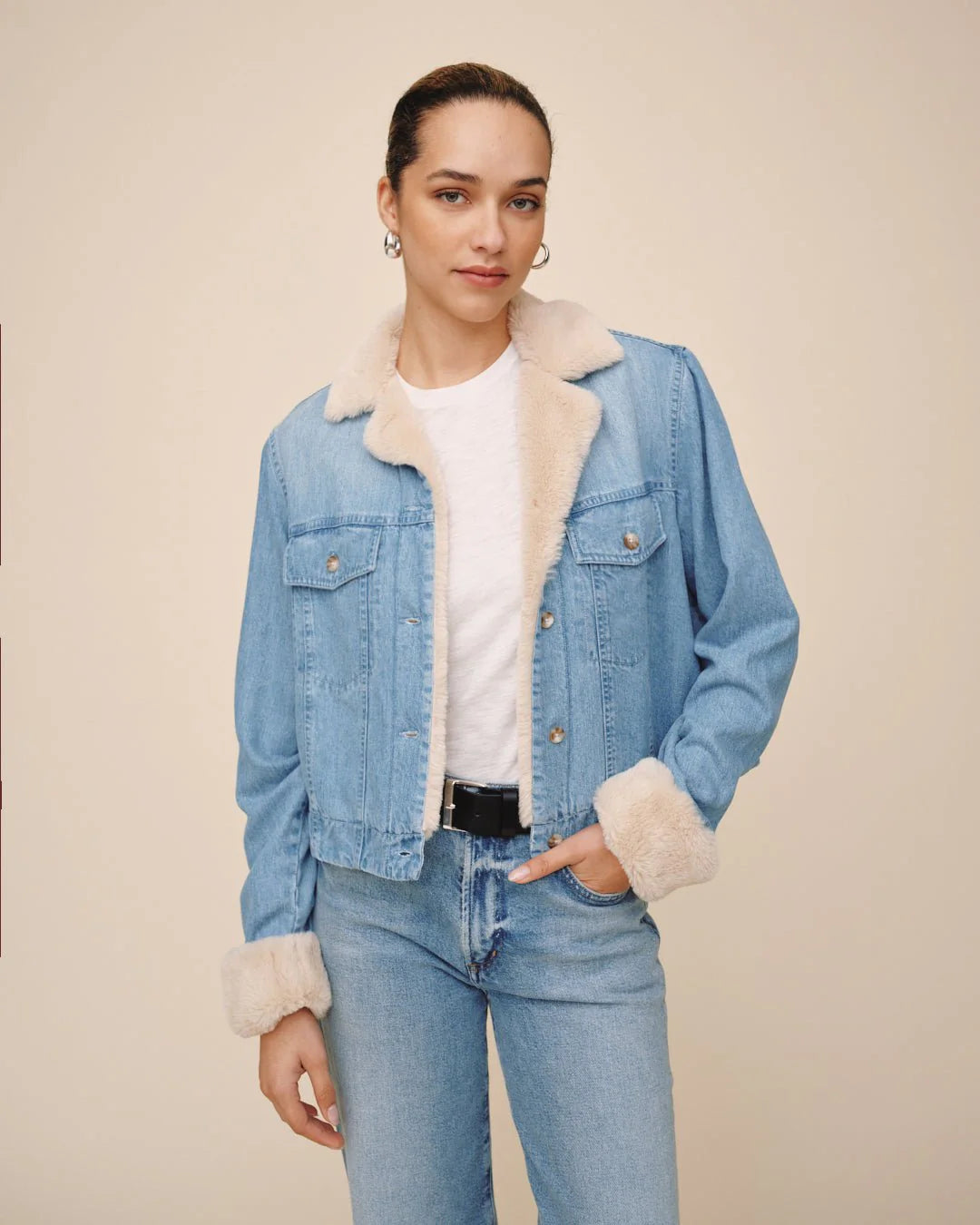 Bella Dahl Fur Trimmed Vintage Frost Denim Jacket
