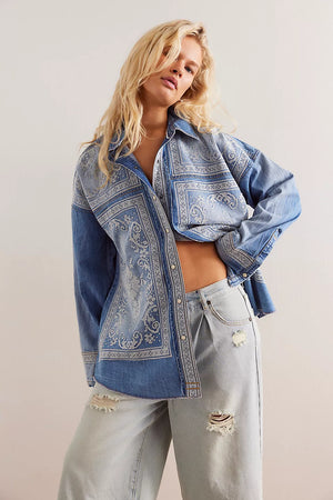 Free People Lace Embroidered Denim Shirt