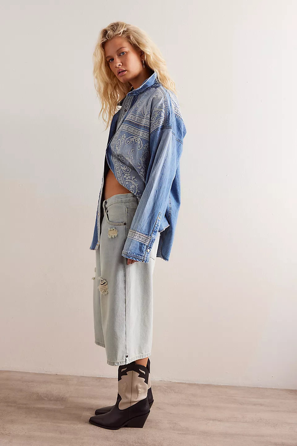 Free People Lace Embroidered Denim Shirt