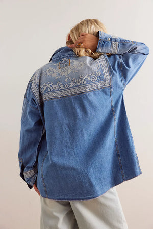 Free People Lace Embroidered Denim Shirt