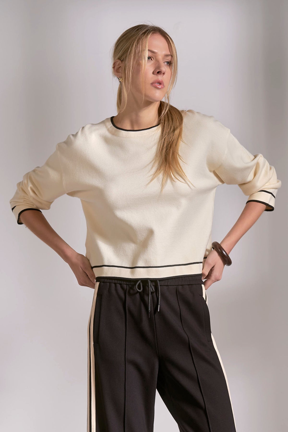Cream Crew Neck Sweater with Black Contrast