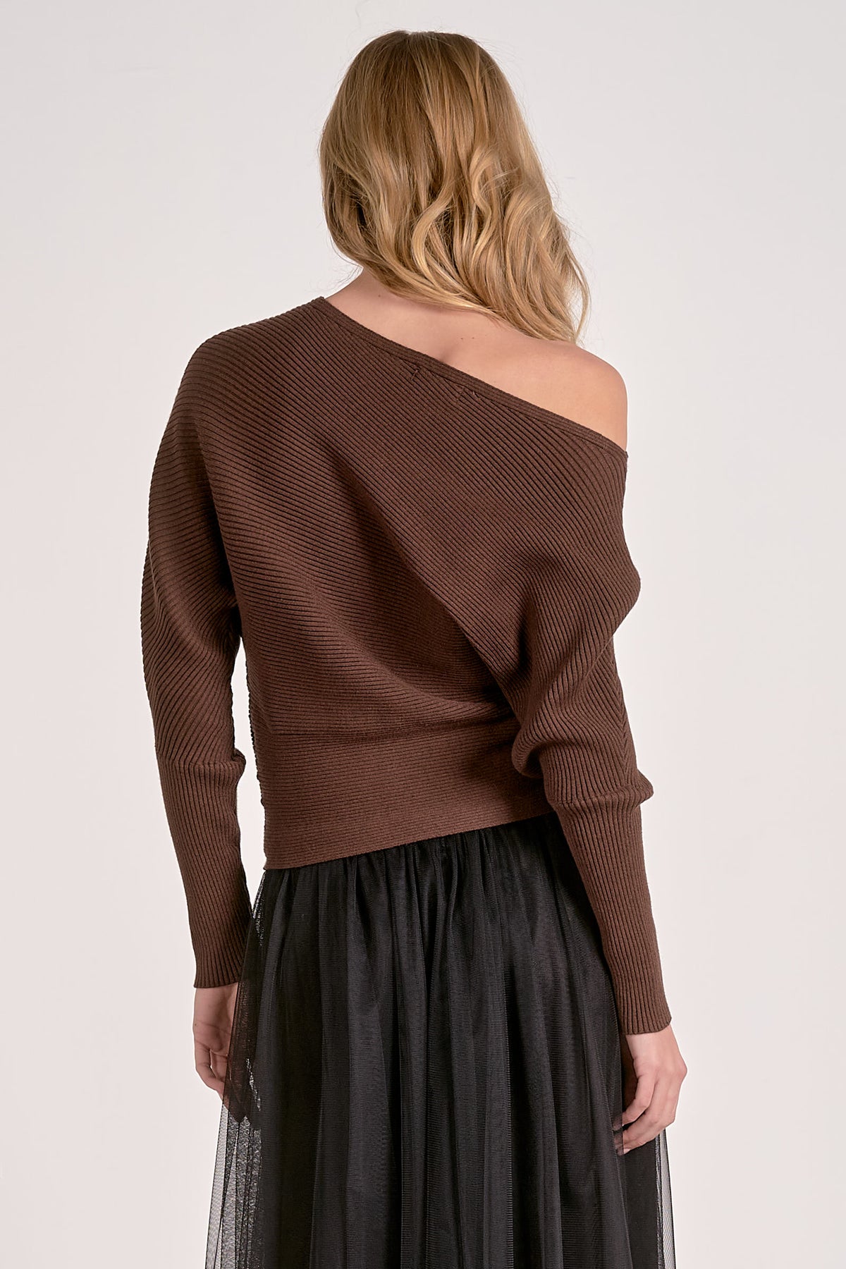 Off Shoulder Ribbed Chocolate Brown Sweater