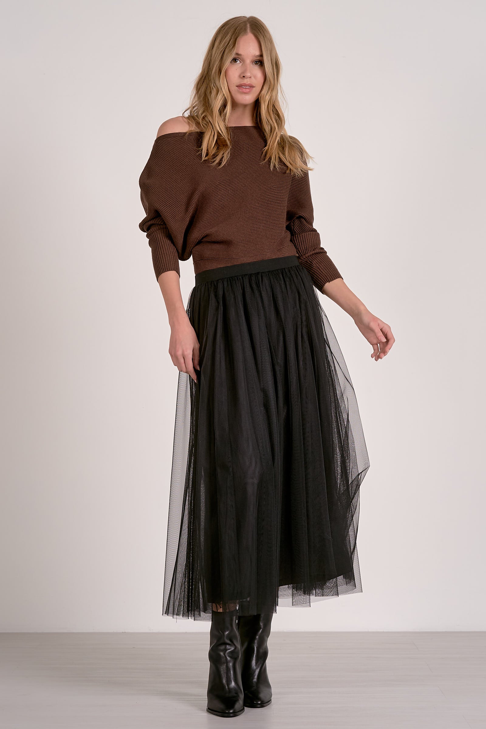Off Shoulder Ribbed Chocolate Brown Sweater