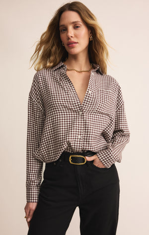Z Supply River Plaid Button Up in Chocolate Cherry